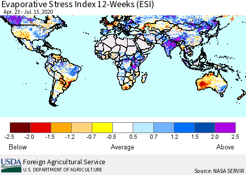 World Evaporative Stress Index (ESI), 12-Weeks Thematic Map For 7/13/2020 - 7/19/2020