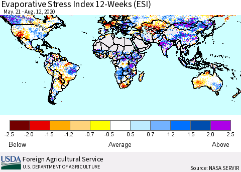 World Evaporative Stress Index (ESI), 12-Weeks Thematic Map For 8/10/2020 - 8/16/2020