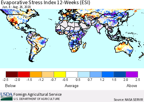 World Evaporative Stress Index (ESI), 12-Weeks Thematic Map For 8/24/2020 - 8/30/2020