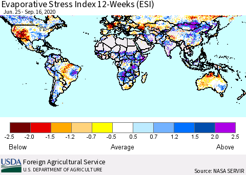 World Evaporative Stress Index (ESI), 12-Weeks Thematic Map For 9/14/2020 - 9/20/2020