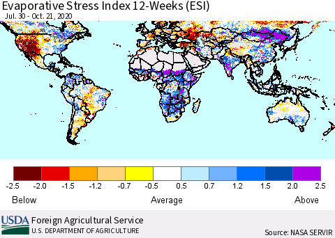World Evaporative Stress Index (ESI), 12-Weeks Thematic Map For 10/19/2020 - 10/25/2020