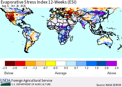 World Evaporative Stress Index (ESI), 12-Weeks Thematic Map For 10/26/2020 - 11/1/2020