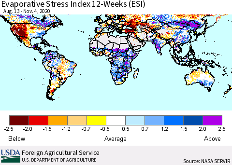 World Evaporative Stress Index (ESI), 12-Weeks Thematic Map For 11/2/2020 - 11/8/2020