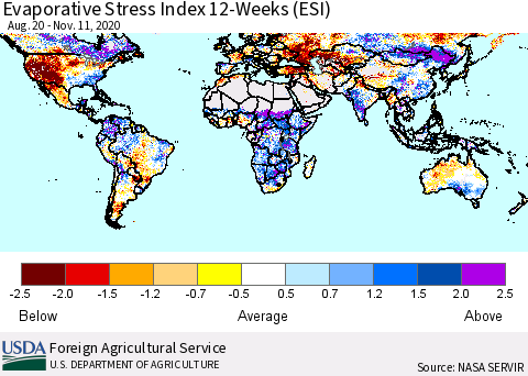World Evaporative Stress Index (ESI), 12-Weeks Thematic Map For 11/9/2020 - 11/15/2020