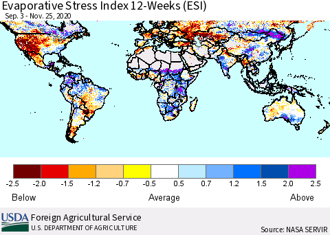 World Evaporative Stress Index (ESI), 12-Weeks Thematic Map For 11/23/2020 - 11/29/2020