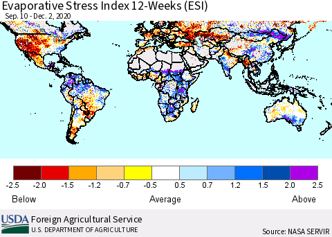 World Evaporative Stress Index (ESI), 12-Weeks Thematic Map For 11/30/2020 - 12/6/2020