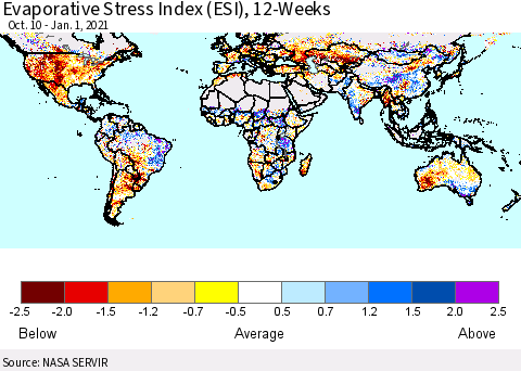 World Evaporative Stress Index (ESI), 12-Weeks Thematic Map For 12/28/2020 - 1/3/2021