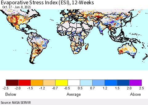 World Evaporative Stress Index (ESI), 12-Weeks Thematic Map For 1/4/2021 - 1/10/2021