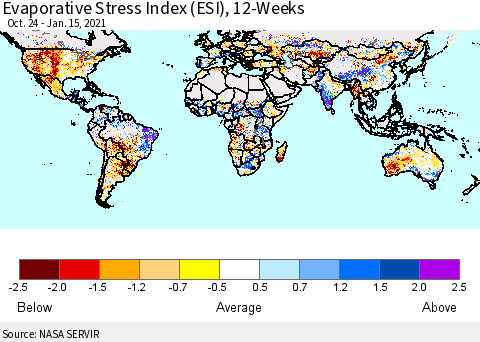 World Evaporative Stress Index (ESI), 12-Weeks Thematic Map For 1/11/2021 - 1/17/2021