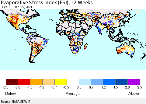 World Evaporative Stress Index (ESI), 12-Weeks Thematic Map For 1/18/2021 - 1/24/2021
