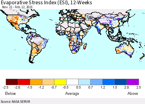 World Evaporative Stress Index (ESI), 12-Weeks Thematic Map For 2/8/2021 - 2/14/2021