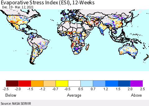 World Evaporative Stress Index (ESI), 12-Weeks Thematic Map For 3/8/2021 - 3/14/2021