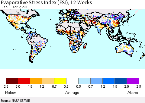 World Evaporative Stress Index (ESI), 12-Weeks Thematic Map For 3/29/2021 - 4/4/2021