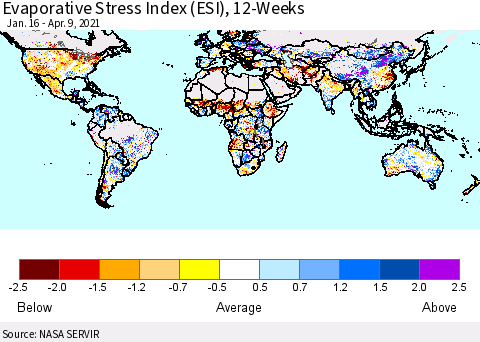 World Evaporative Stress Index (ESI), 12-Weeks Thematic Map For 4/5/2021 - 4/11/2021