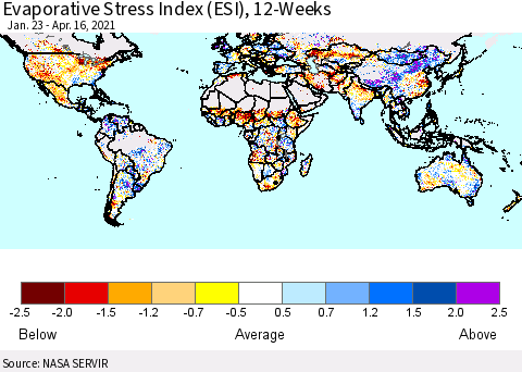 World Evaporative Stress Index (ESI), 12-Weeks Thematic Map For 4/12/2021 - 4/18/2021