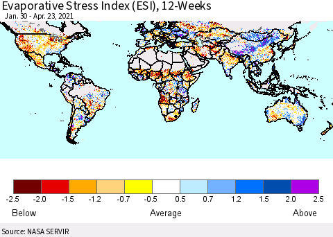 World Evaporative Stress Index (ESI), 12-Weeks Thematic Map For 4/19/2021 - 4/25/2021