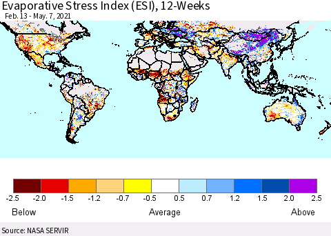 World Evaporative Stress Index (ESI), 12-Weeks Thematic Map For 5/3/2021 - 5/9/2021