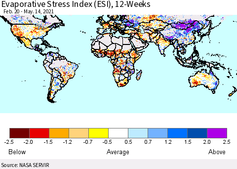 World Evaporative Stress Index (ESI), 12-Weeks Thematic Map For 5/10/2021 - 5/16/2021