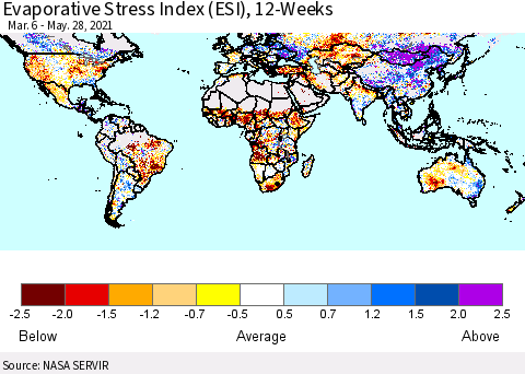 World Evaporative Stress Index (ESI), 12-Weeks Thematic Map For 5/24/2021 - 5/30/2021