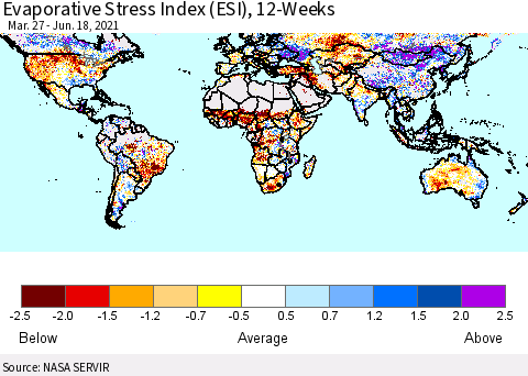 World Evaporative Stress Index (ESI), 12-Weeks Thematic Map For 6/14/2021 - 6/20/2021