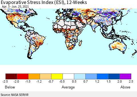 World Evaporative Stress Index (ESI), 12-Weeks Thematic Map For 6/21/2021 - 6/27/2021