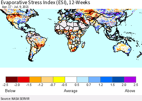 World Evaporative Stress Index (ESI), 12-Weeks Thematic Map For 7/5/2021 - 7/11/2021