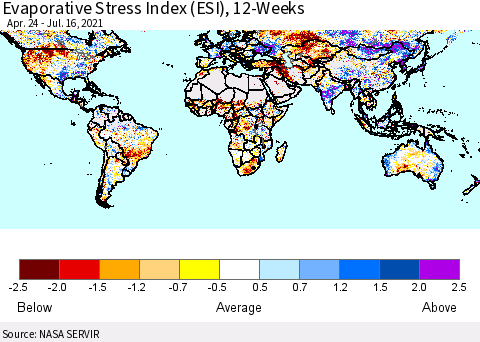 World Evaporative Stress Index (ESI), 12-Weeks Thematic Map For 7/12/2021 - 7/18/2021