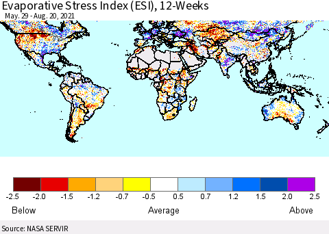 World Evaporative Stress Index (ESI), 12-Weeks Thematic Map For 8/16/2021 - 8/22/2021