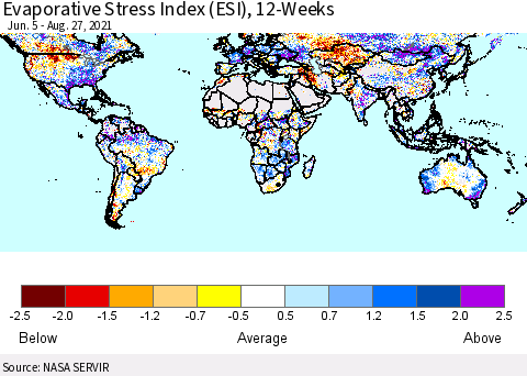 World Evaporative Stress Index (ESI), 12-Weeks Thematic Map For 8/23/2021 - 8/29/2021