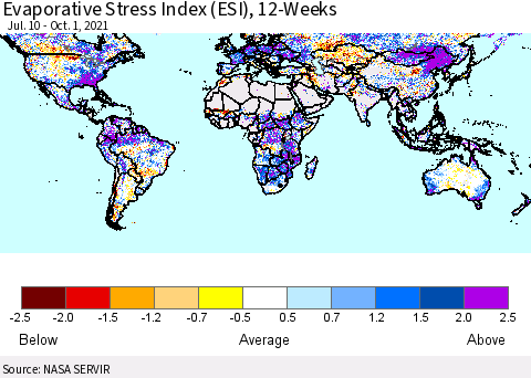 World Evaporative Stress Index (ESI), 12-Weeks Thematic Map For 9/27/2021 - 10/3/2021