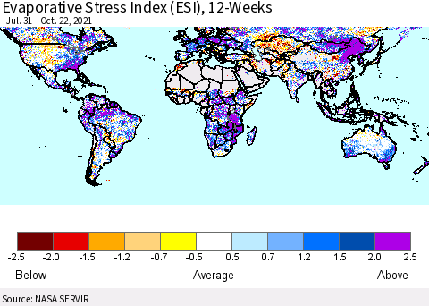 World Evaporative Stress Index (ESI), 12-Weeks Thematic Map For 10/18/2021 - 10/24/2021