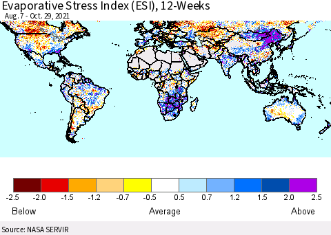 World Evaporative Stress Index (ESI), 12-Weeks Thematic Map For 10/25/2021 - 10/31/2021