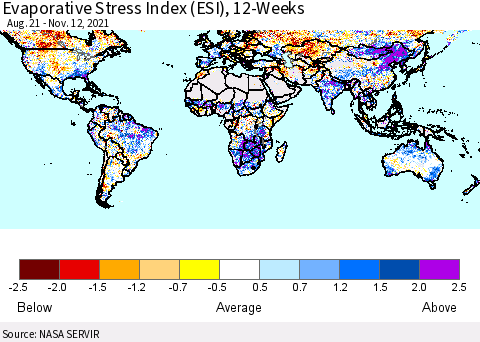 World Evaporative Stress Index (ESI), 12-Weeks Thematic Map For 11/8/2021 - 11/14/2021