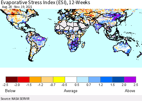 World Evaporative Stress Index (ESI), 12-Weeks Thematic Map For 11/15/2021 - 11/21/2021
