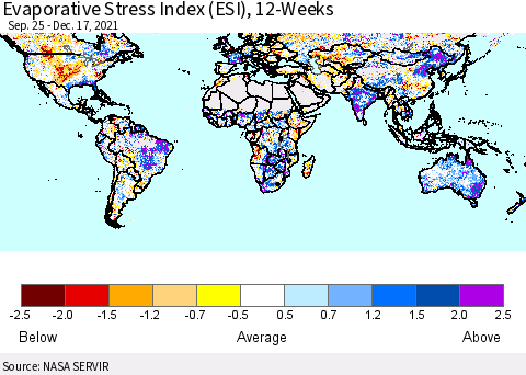 World Evaporative Stress Index (ESI), 12-Weeks Thematic Map For 12/13/2021 - 12/19/2021