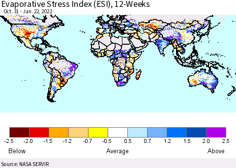 World Evaporative Stress Index (ESI), 12-Weeks Thematic Map For 1/17/2022 - 1/23/2022
