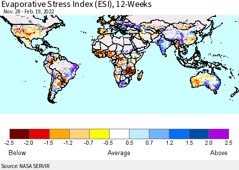 World Evaporative Stress Index (ESI), 12-Weeks Thematic Map For 2/14/2022 - 2/20/2022