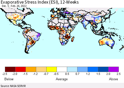 World Evaporative Stress Index (ESI), 12-Weeks Thematic Map For 2/21/2022 - 2/27/2022