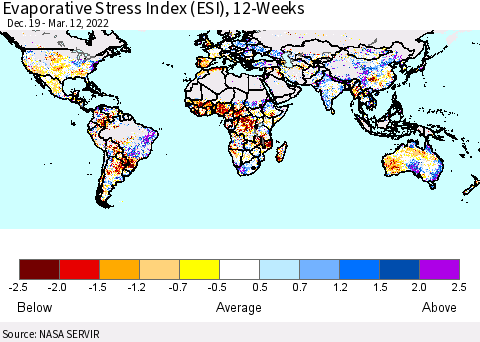 World Evaporative Stress Index (ESI), 12-Weeks Thematic Map For 3/7/2022 - 3/13/2022
