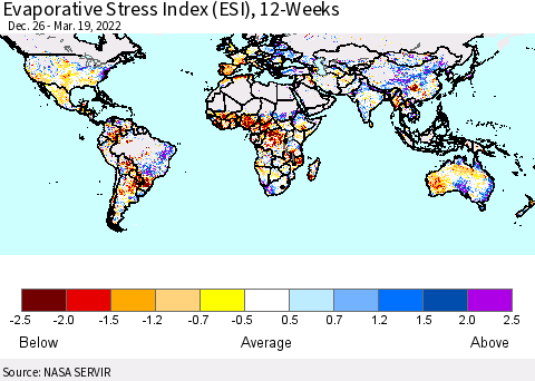World Evaporative Stress Index (ESI), 12-Weeks Thematic Map For 3/14/2022 - 3/20/2022