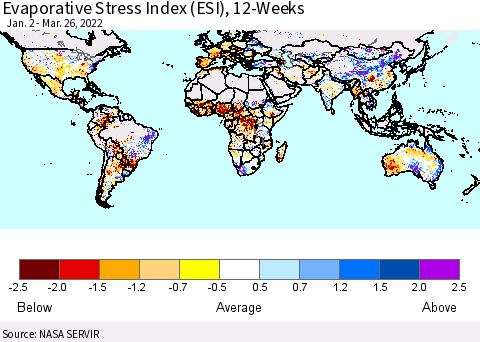 World Evaporative Stress Index (ESI), 12-Weeks Thematic Map For 3/21/2022 - 3/27/2022