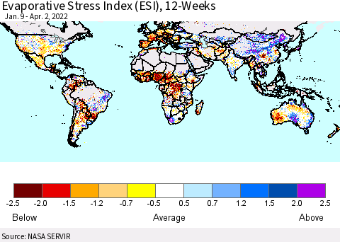 World Evaporative Stress Index (ESI), 12-Weeks Thematic Map For 3/28/2022 - 4/3/2022