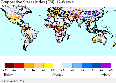 World Evaporative Stress Index (ESI), 12-Weeks Thematic Map For 4/11/2022 - 4/17/2022