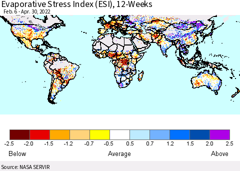 World Evaporative Stress Index (ESI), 12-Weeks Thematic Map For 4/25/2022 - 5/1/2022