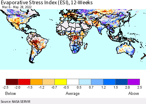 World Evaporative Stress Index (ESI), 12-Weeks Thematic Map For 5/23/2022 - 5/29/2022
