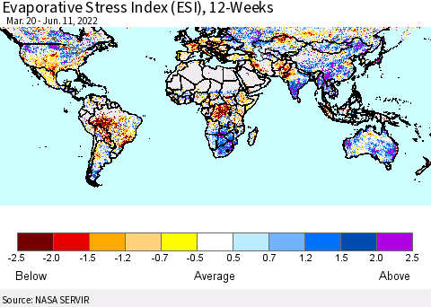 World Evaporative Stress Index (ESI), 12-Weeks Thematic Map For 6/6/2022 - 6/12/2022