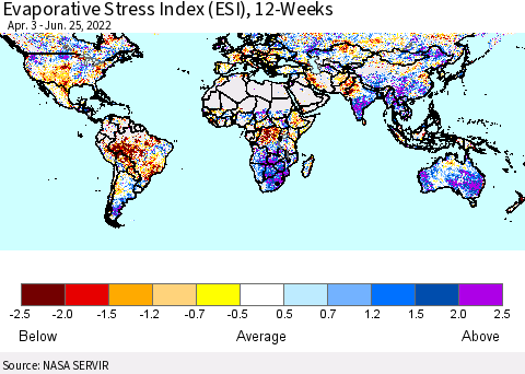 World Evaporative Stress Index (ESI), 12-Weeks Thematic Map For 6/20/2022 - 6/26/2022