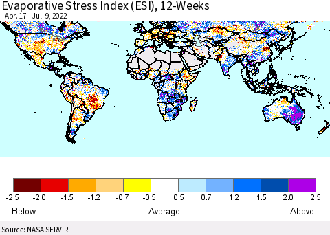 World Evaporative Stress Index (ESI), 12-Weeks Thematic Map For 7/4/2022 - 7/10/2022