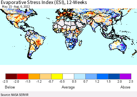 World Evaporative Stress Index (ESI), 12-Weeks Thematic Map For 8/1/2022 - 8/7/2022