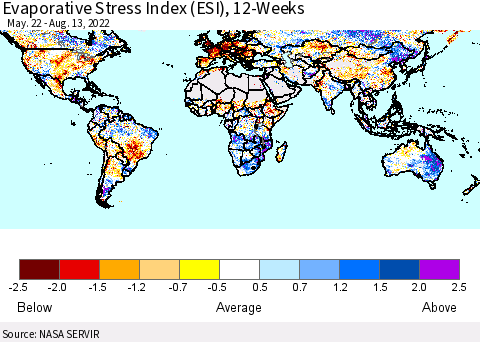 World Evaporative Stress Index (ESI), 12-Weeks Thematic Map For 8/8/2022 - 8/14/2022